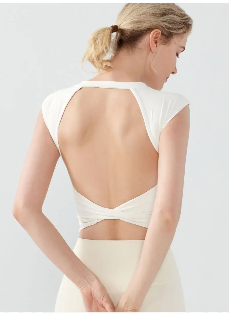 Sport-T-Shirt für Damen im Sommer, kurz, sexy, rückenfrei, integrierter Yoga-Anzug, Weste, zum Laufen, ärmelloser Fitness-Anzug – Detail 23
