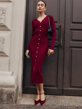 Tossyฤดูใบไม้ร่วงVคอถักชุดยาวผู้หญิงRibbed Patchworkเสื้อสเวตเตอร์ถักSlim Elegant Party Dressหญิงเสื้อถักMaxiชุด 2024