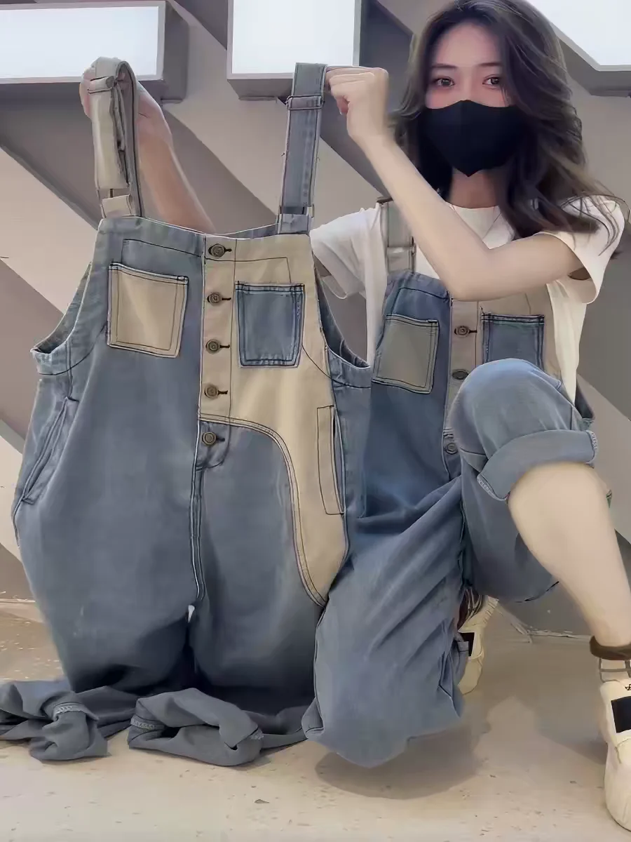 

Summer Thin Denim Overalls Women's Loose High Waist Straight Leg Wide Leg Workwear Overall Pants European Style New Arrival