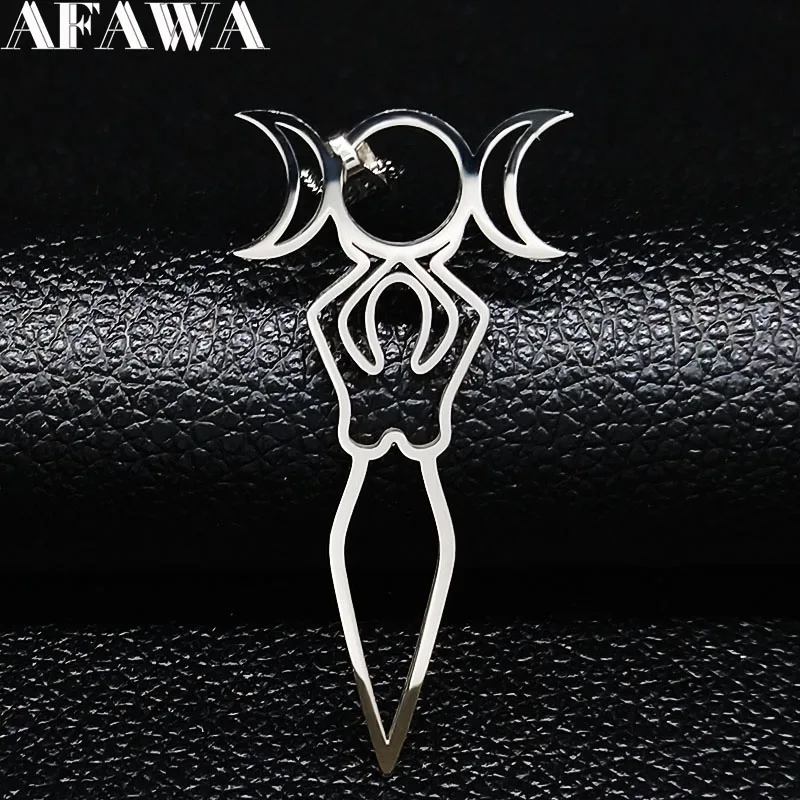 

Triple Moon Goddess Stainless Steel Statement Necklace Women Silver Color Witchcraft Necklace Jewelry cadenas para hombre N434
