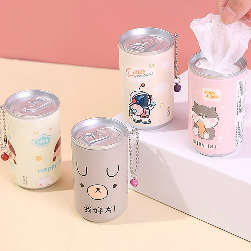 30 Sheets Portable Canned Wet Wipes Children Barreled Cans Cleaning Cloths Creative Cartoon Chain Cute Small Bell