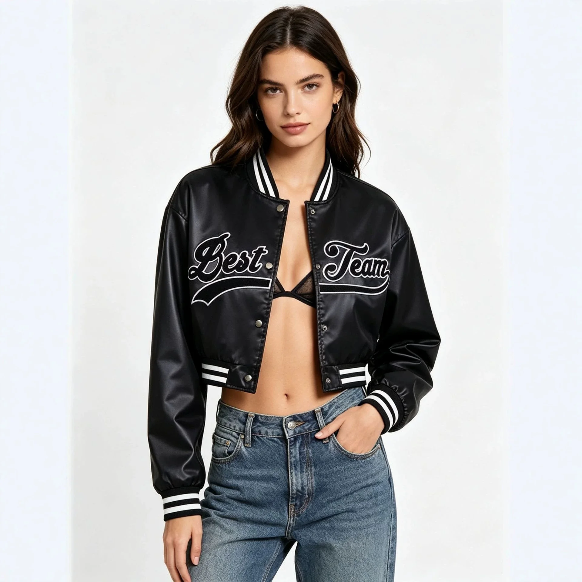 European Style Women's Leather Jacket Casual Thin Spring Autumn High Waisted Motorcycle Suit Baseball Jacket for Ladies