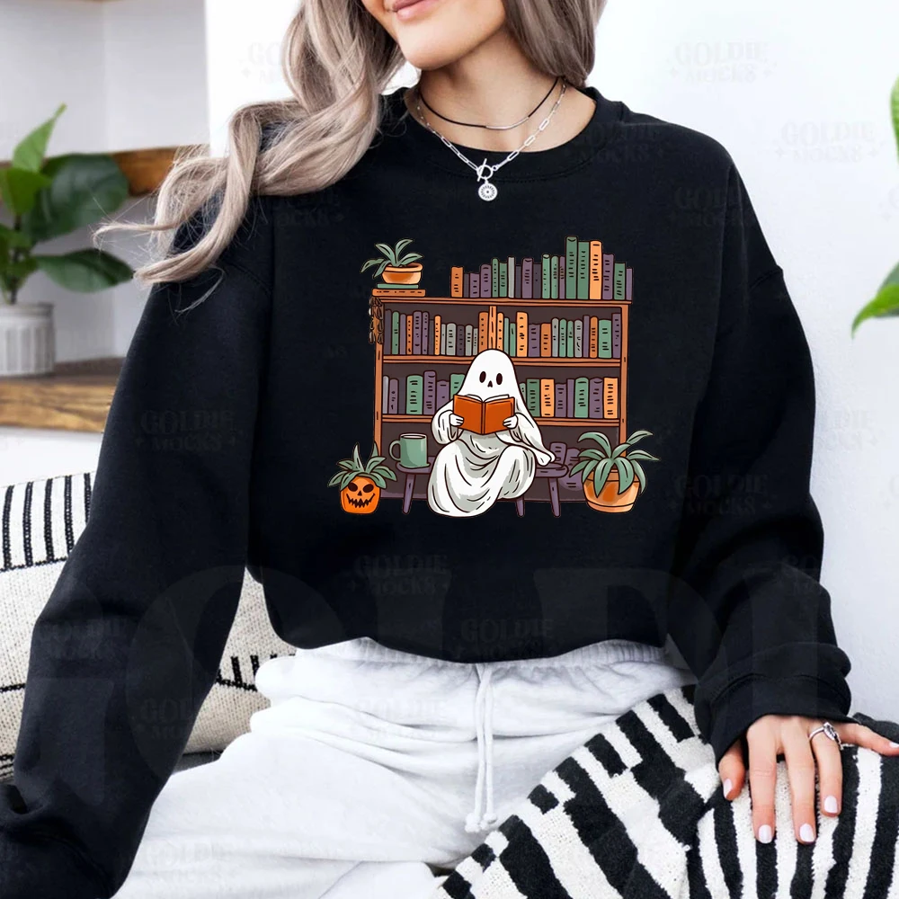 

Bookish Ghost Sweater Spooky Library Sweatshirts for Book Lover Reading Hoodies Women's Clothing Pumpkin Crewneck Librarian Gift