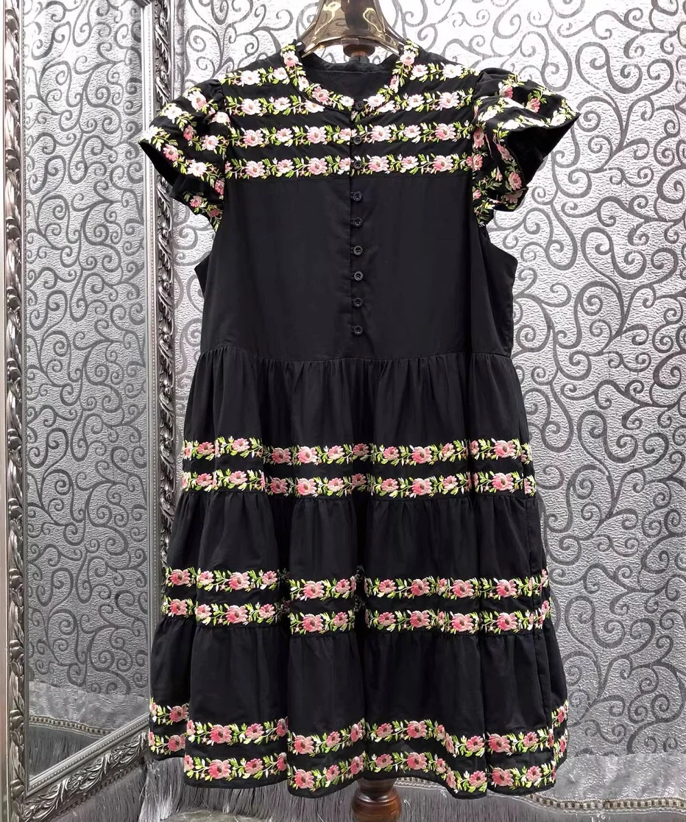 100%Cotton Dress 2026 Summer Style Lady Colorful Floral Embroidery Pocket Patchwork Short Sleeve Casual Sweet Cute Black Dress