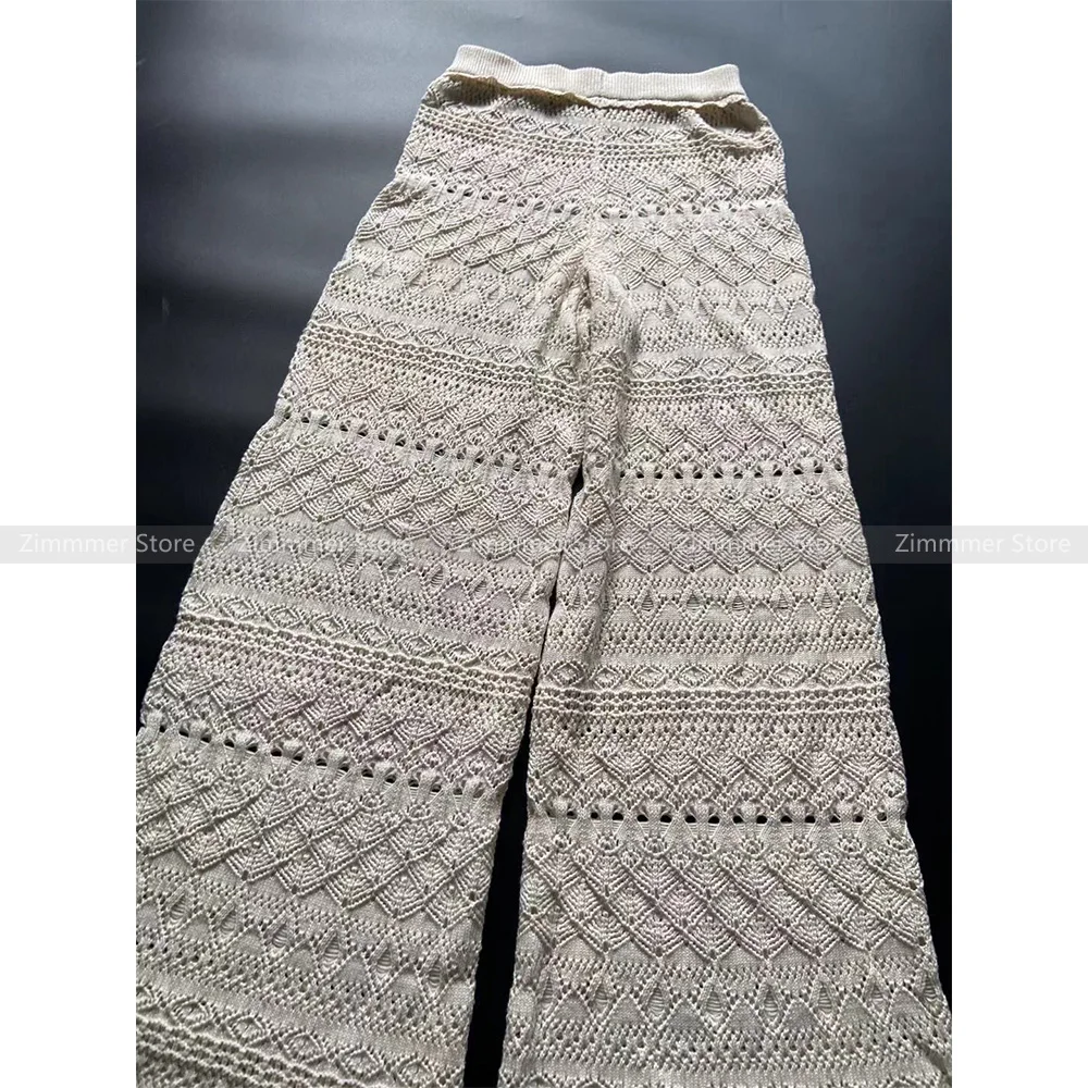 Light luxury 24 spring and summer resort style lace splicing beige knit hollowed wide-leg pants beach pants