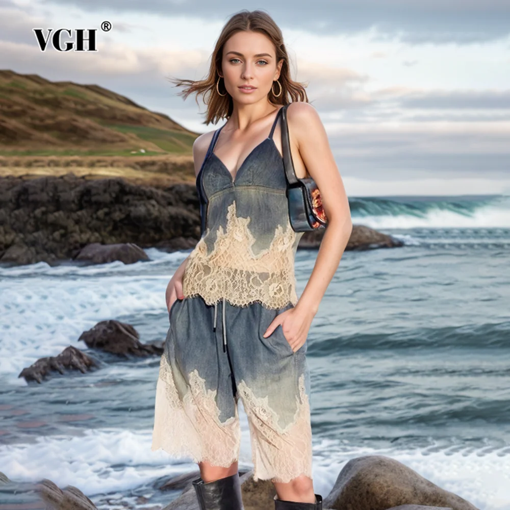 

VGH Spliced Lace Two Piece Set For Women V Neck Sleeveless Backless Tops High Waist Patchwork Pockets Pant Sexy Sets Female New