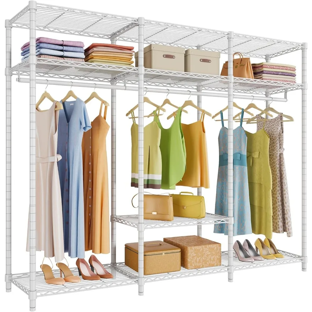 V30 Garment Rack, Heavy Duty Clothes Rack with Adjustable Shelves & 2 Hang Rods, Portable Closet System, Metal Closet Rack, Fre