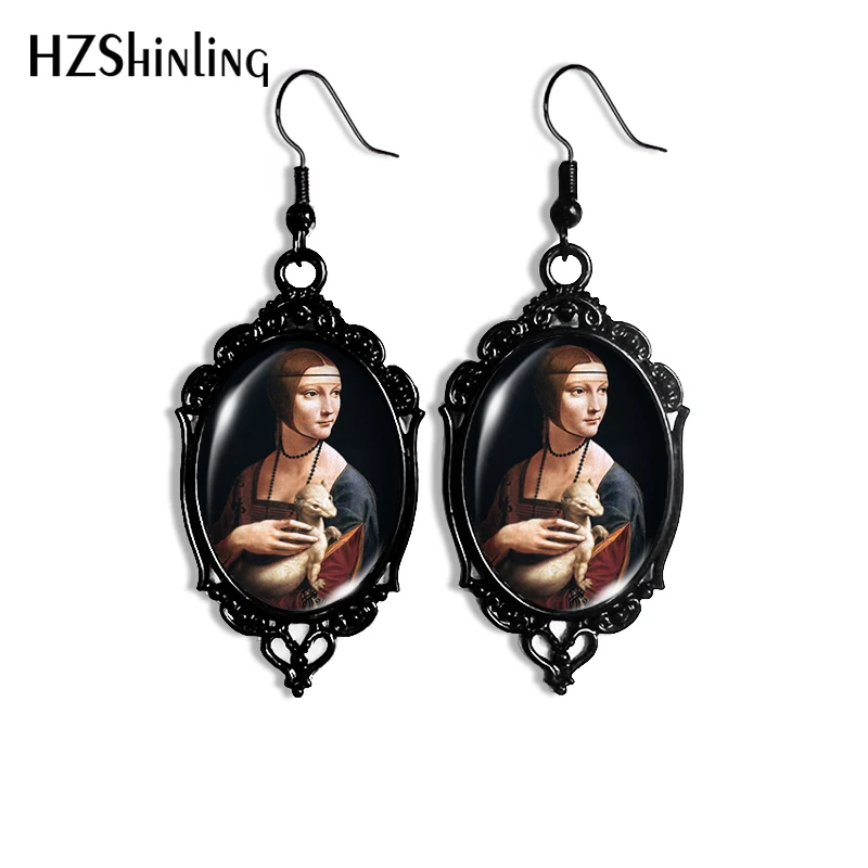 2024 New Mona Lisa Painting Dangle Earring Black Lace Earrings Oval Glass Photo Jewelry Gifts Party