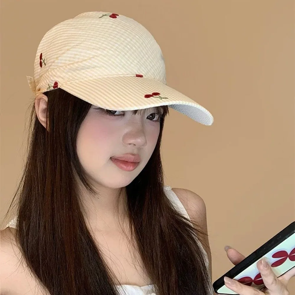 Cute Plaid Headscarf Baseball Cap Korean Style Sweet Sunscreen Beach Hats Sunscreen Cherry Embroidered Peaked Cap Outdoor