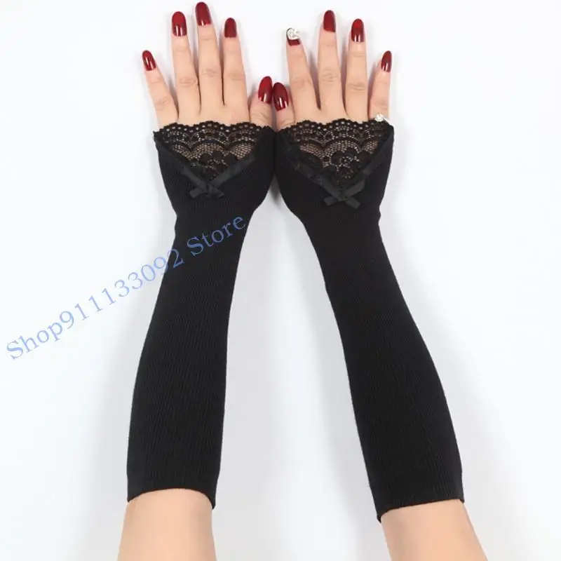 

H9ED Women Winter Ribbed Knit Arm Warmers Sleeves Lace Bowknot Long Fingerless Gloves