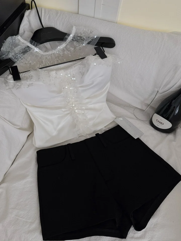 

White Me Design iny Sequin Pleated Anti-Slip Slimming Strapl Tube Top Women's Faion Set Summer 2025 round Ne Overhead
