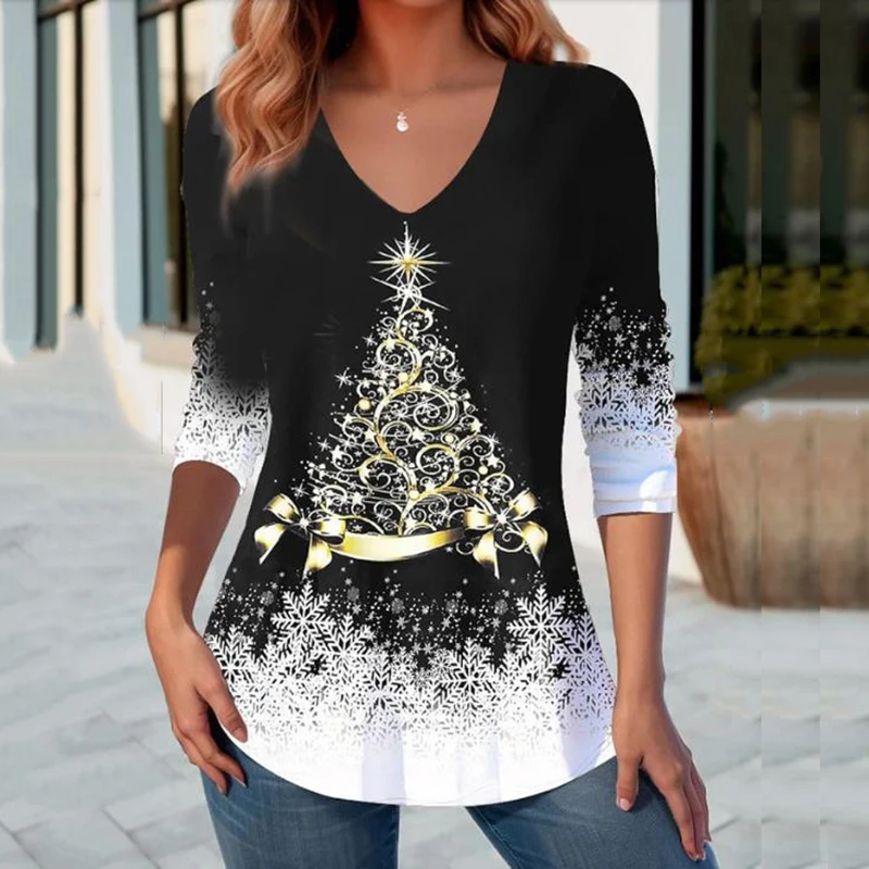 Kerst T-Shirt Voor Vrouwen Herfst Winter Nieuwe Lange Mouw V-Hals Print Losse Mode Elegant Casual Woon-Werkverkeer Dames T-Shirt
