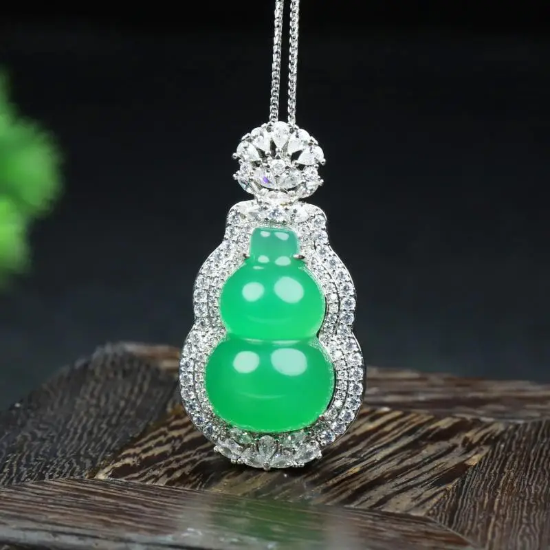 Natural Myanmar Jadeite Grade A Green Burma Jade Zircon Gourd Pendant Necklace 24k Gold Plated Copper Jewelry Women Lucky Amulet