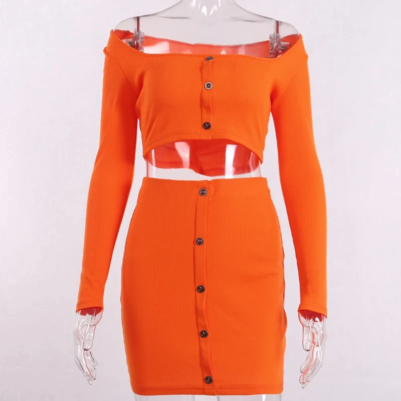 Yuzhexi dicke Rippe Strickwaren Frauen Knöpfe Top Rock zweiteilig Set orange Koordinaten Herbst Winter gemütliche Outfits Büro Dame Chic Anzug