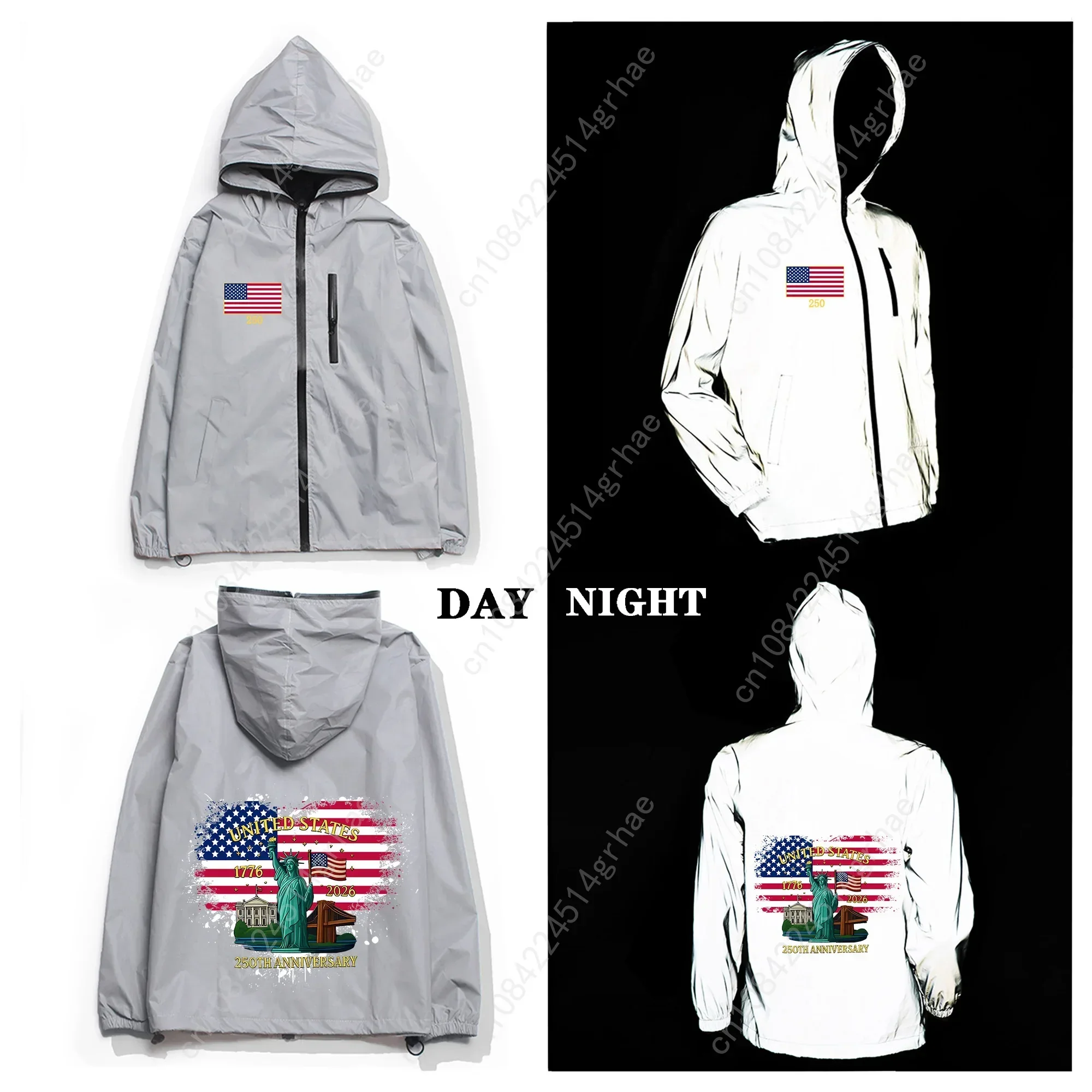 250 Years America Anniversary 250th Reflective Jacket Mens Womens Erza Coat Hooded Windbreaker Pocket Jackets Custom Hoodie
