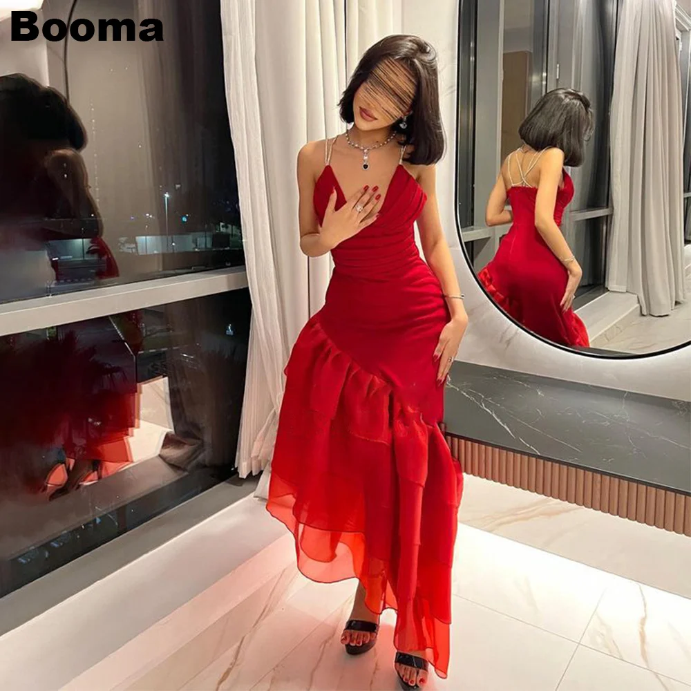 

Booma Red Mermaid Evening Dresses Deep V Neck Tiered Party Prom Dress for Women Ankle Length Special Occasion Gowns Dubai