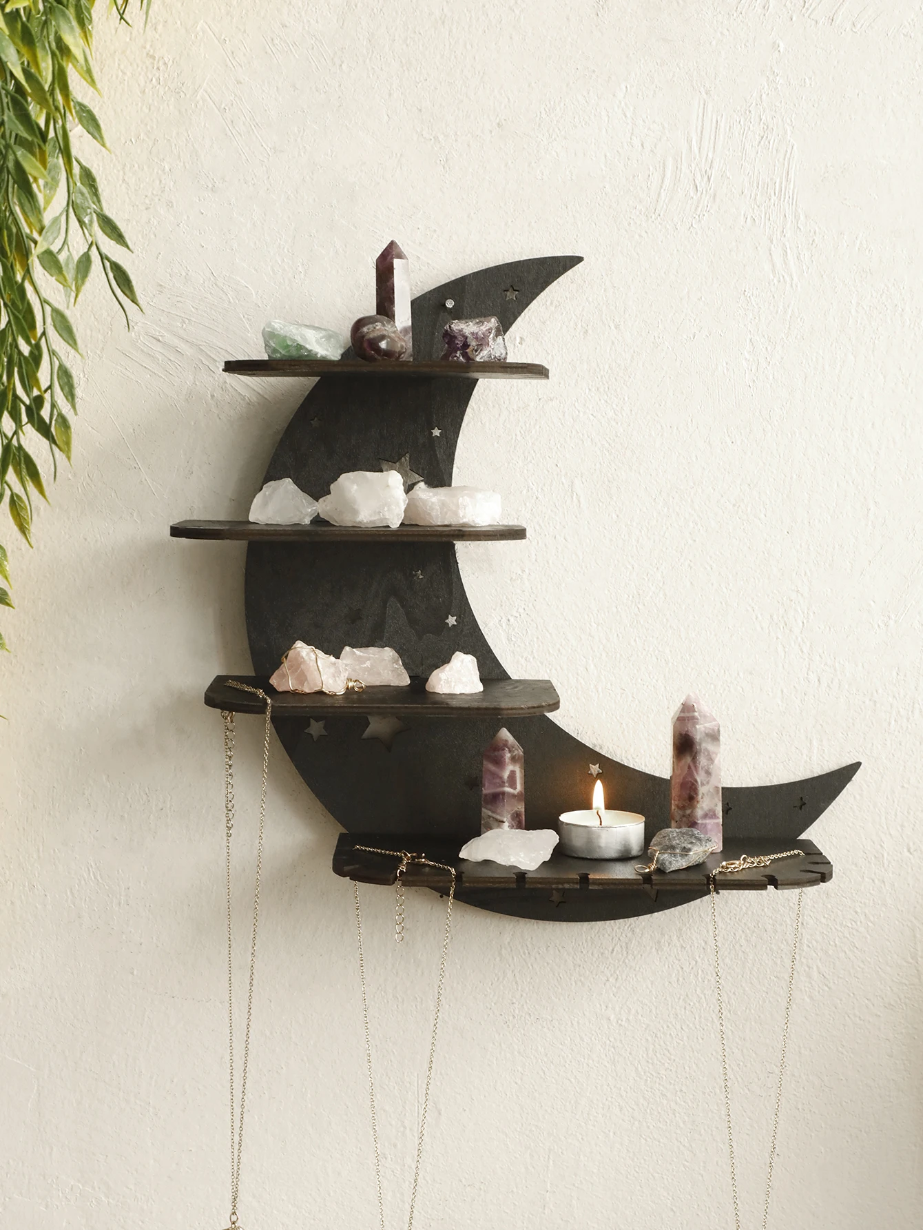 4-Tier Moon Wall Shelves 30cm Floating Wall Shelf Boho Country Rustic Shelf for Placing Crystal Stone Aromatherapy Essential Oil