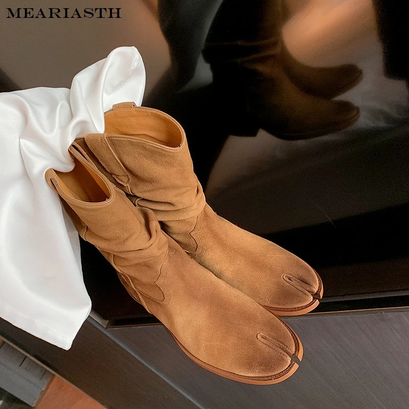 

Western Cowboy Boots Split Toe Wrinkle Half Bootie Slip on Suede Leather Chunky Heel Retro Fashion 2024 New Coming Designer Bota