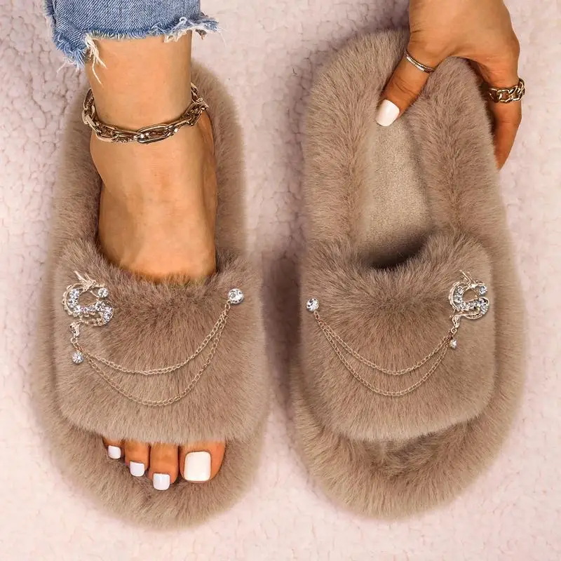 Luxury Rhinestones Dragon Chain Decor Winter Shoes for Women Fluffy Slippers Furry Indoor Slides Open Toe House Sandals Shoes