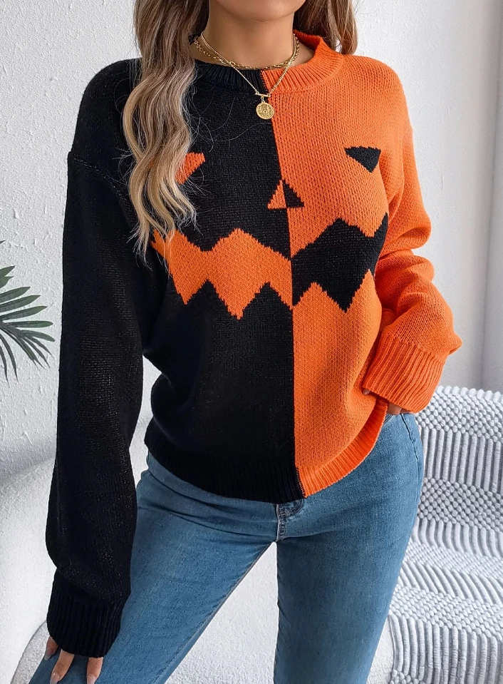 Women's Retro Fashion Sweater 2025 Autumn Winter Latest Halloween Ghost Pumpkin Contrast Long Sleeve Hoodie with Roundneck Top