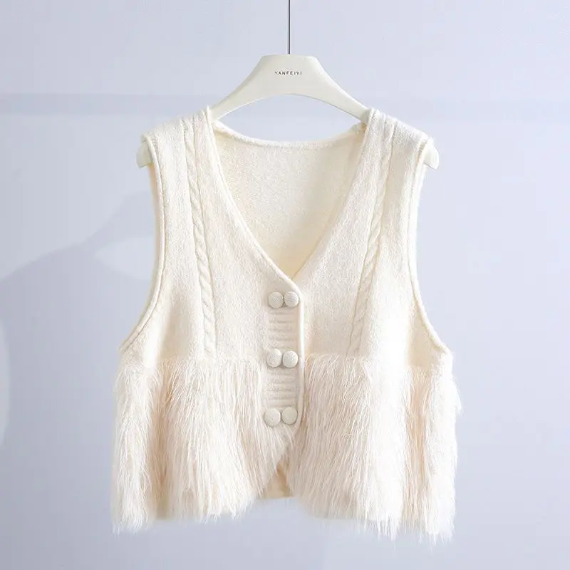 Women Autumn Winter Loose Sweater Vest 2023 New Arrival Korean Lady Graceful V-Neck Cashmere Knit Tank Top Beige Knitwear Female