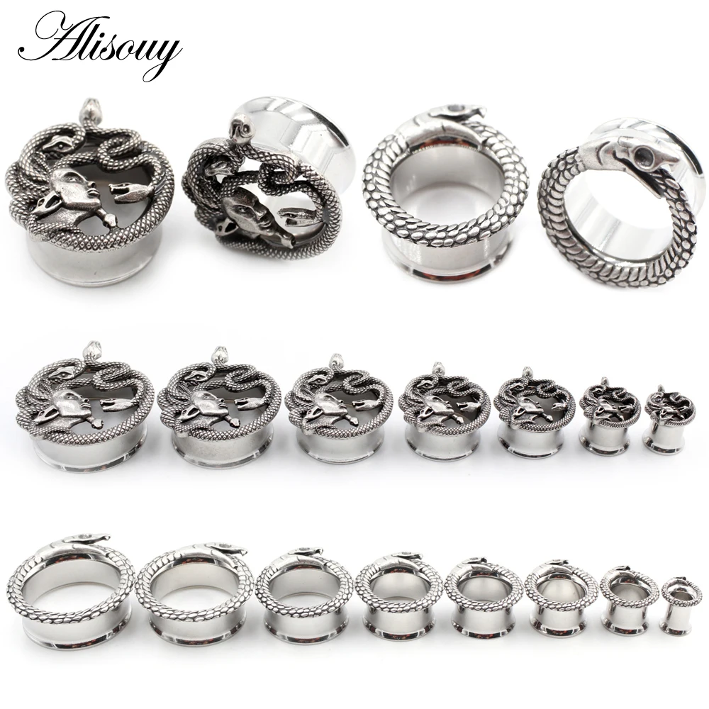 Alisouy 2pcs 6-25mm Retro Unique Stainless Steel Snake Head Ear Tunnels Plugs Expander Stretcher Gauges Body Piercing Jewelry