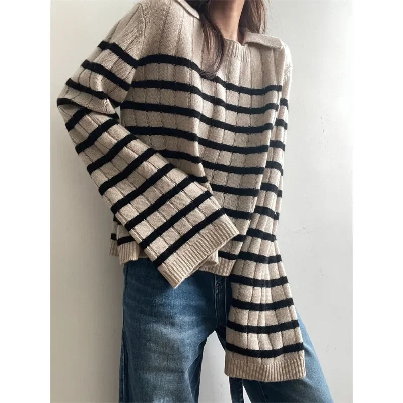 KH@IT@E Sweater Women\'s Autumn/Winter Striped Lazy Style Top Thick Warm Hoodie Square Neck Wool Knitted Pullovers
