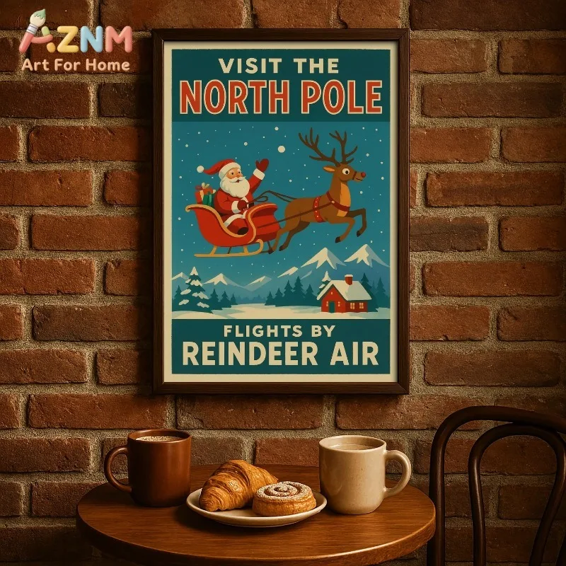 Retro Santa Sleigh Reindeer Canvas Wall Art Vintage Christmas Travel Poster Festive Winter Wall Print Unframed Canvas Poster