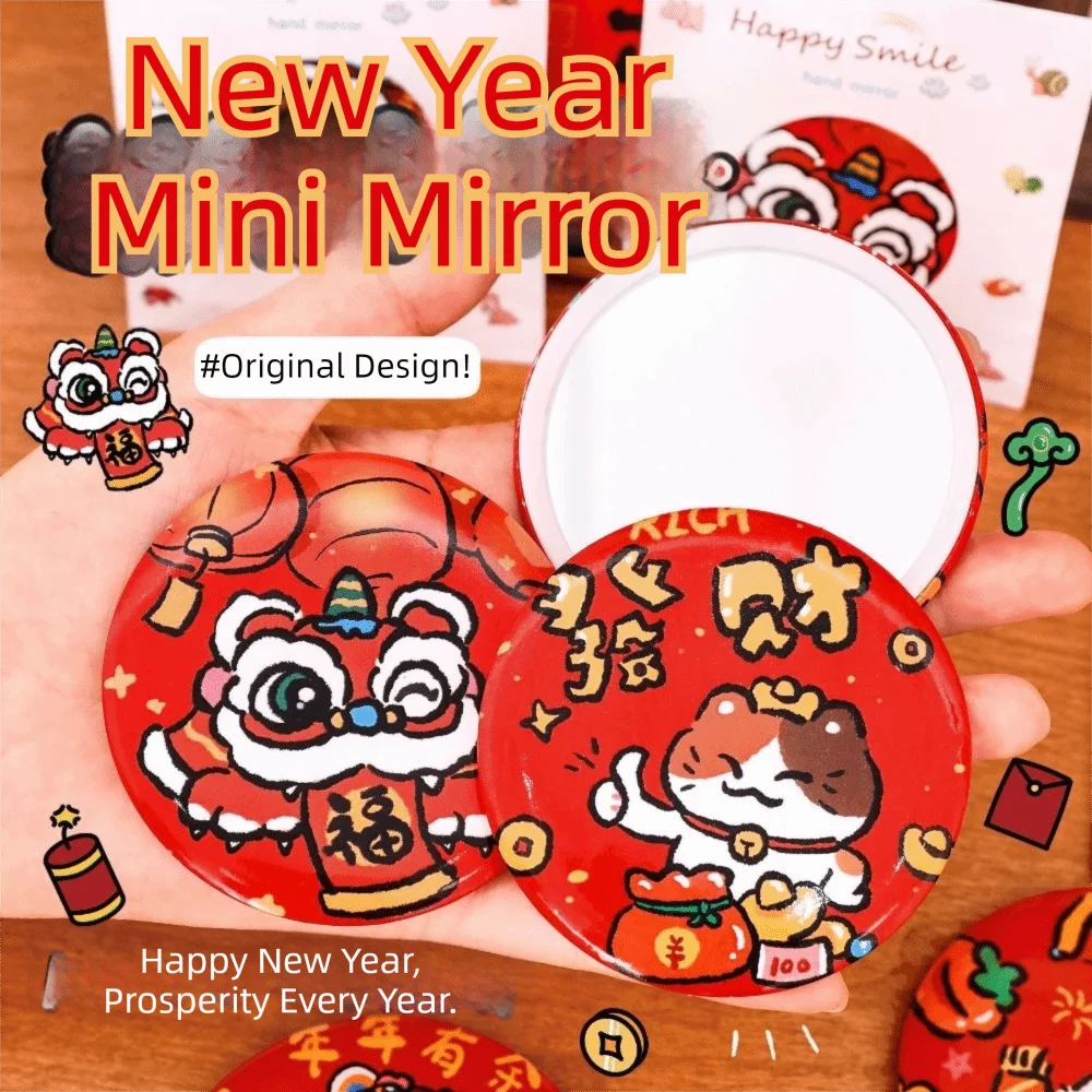 Glass Cartoon Spring Festival Mirror Easy To Carry Pocket Make-up Mirror Handheld Small Round Mirror Portable Mini Makeup Mirror