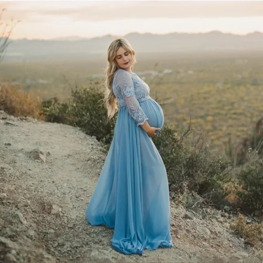 Nuovo vestito da trascinamento in Chiffon di pizzo di maternità donne incinte gravidanza primavera autunno Maxi abito fotografia Prop vedere attraverso l'abbigliamento