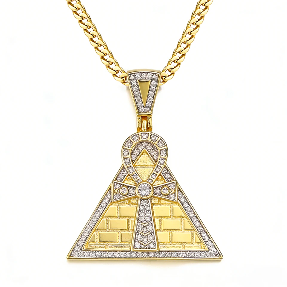 VANAXIN Iced Out Egypt Pyramid Ankh Crucifix Pendant Necklaces Gold Color Classic Fashion Jewelry Gifts for Men Women