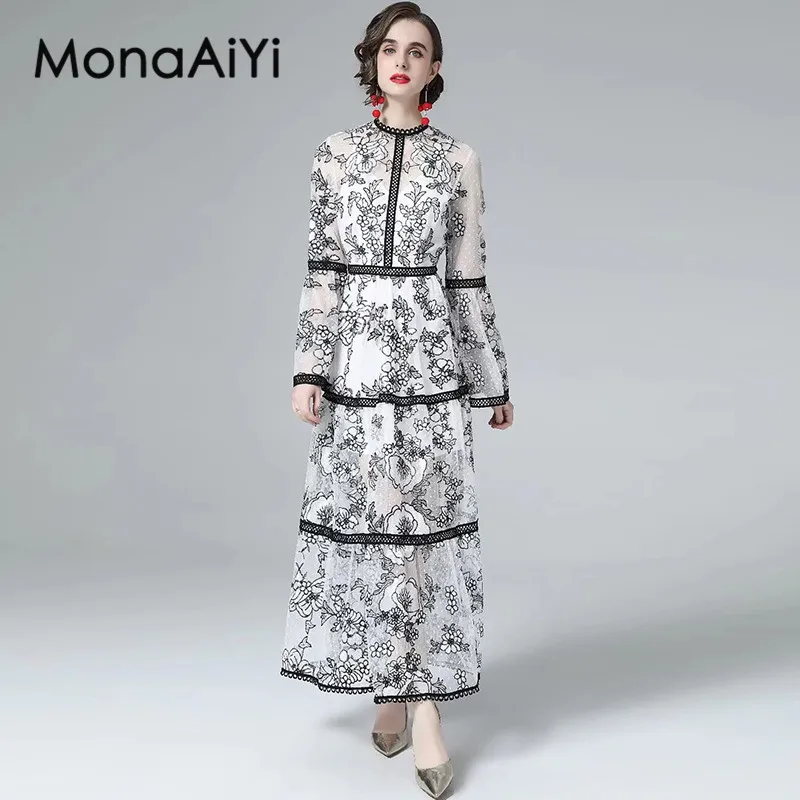 

MonaAiYi Women's vintage Dress Summer Long-Sleeved Mesh Embroidery Hollow Out High Waiste Slim Party Ball Gown Dresses