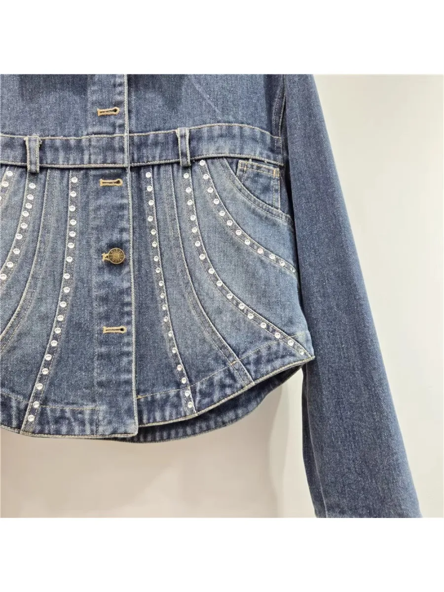 GALCAUR Blue Spliced Diamond Slimming Jacket Female Lapel Long Sleeve Basics Temperment Women's Jackets Style Fashion Clothing