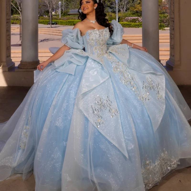 

Shiny Blue Quinceanera Dresses Off the Shoulder Glitter Decal Long tail Lace Ruffles Bow Vestido De 15 Quinceanera Customize