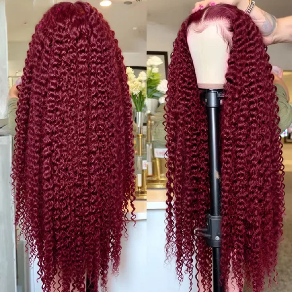 

220% 99J Burgundy 30 32 Inch Deep Wave 13x6 Lace Front Wig Curly Red Colored 13x4 HD Transparent Lace Frontal Human Hair Wigs