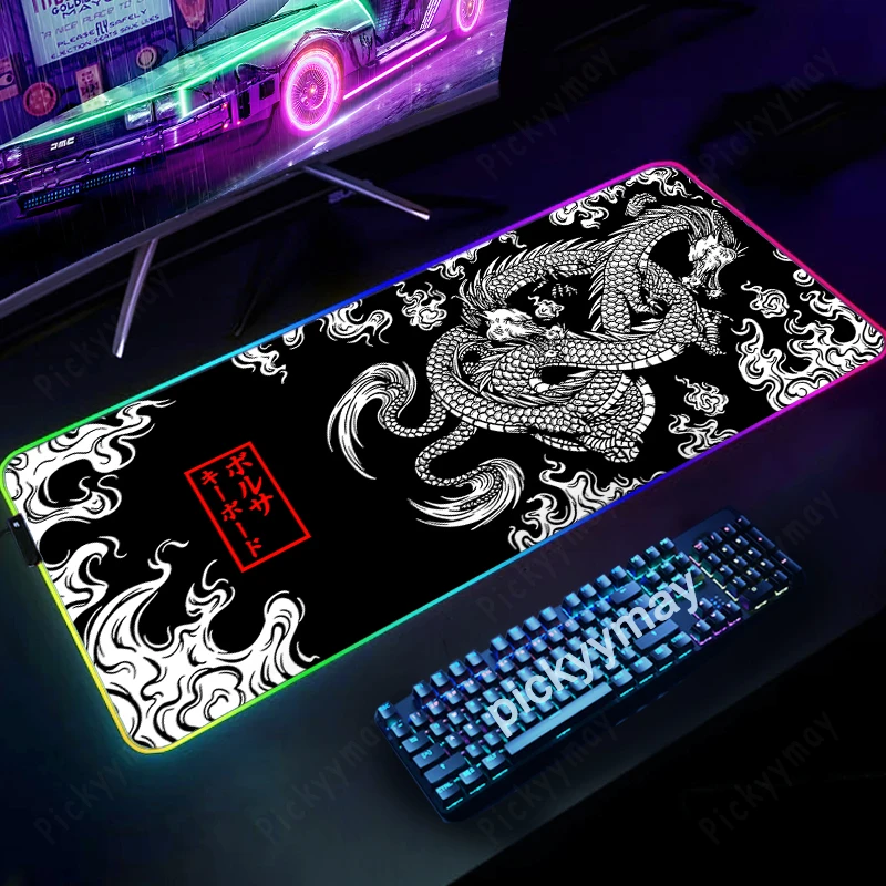 RGB Gaming Mousepad Dragon Japanese Mouse Pad Backlit Mouse Mats LED Large Gamer Mousepads XXL Keyboard Pads Luminous Desk Mat