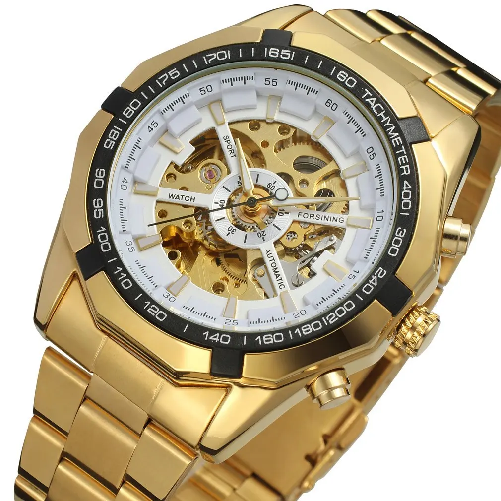 Fashion Forsining Brand Silver Stainless Steel Waterproof Men Skeleton Watchesluxury Gold Transparent Mechanical Man Wrist Watch