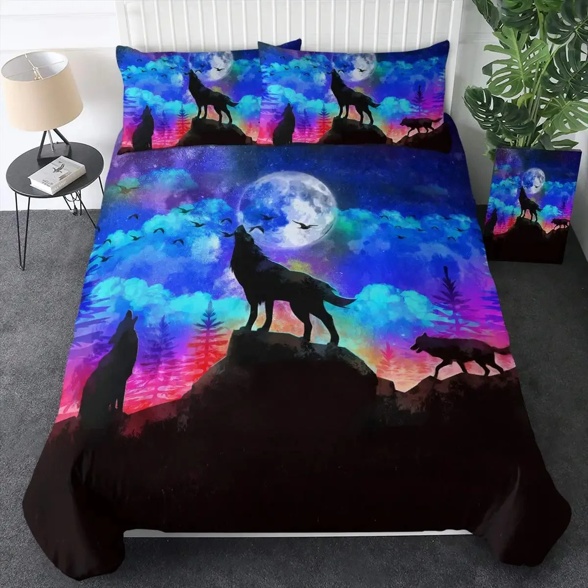 

Black Wolf Moon Duvet Cover Set Wolf Howling Bedding Sets for Boys Vintage Oil Paint Wild Animal Bed Sets Purple Blue and Black