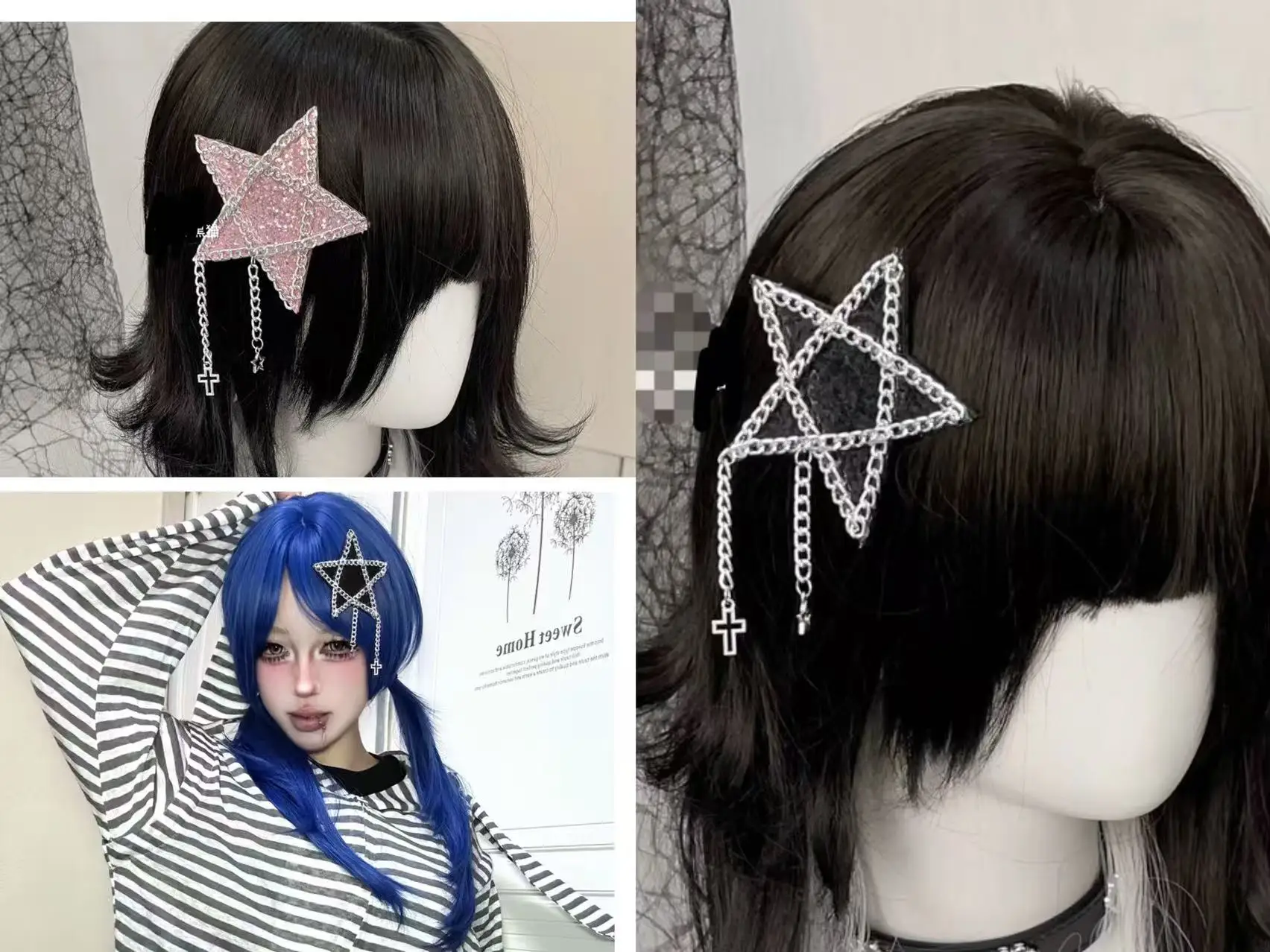 グリッタースターヘアクリップラインストーン女性ガールズ Y2k 星型チェーンクロスバレッタロリータヘアアクセサリー