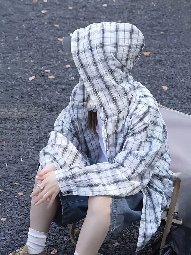 

Черно-белая клетчатая солнцезащитная куртка с капюшоном, тонкая дышащая куртка для мужчин и женщин, летняя повседневная куртка для пар Qui Dry