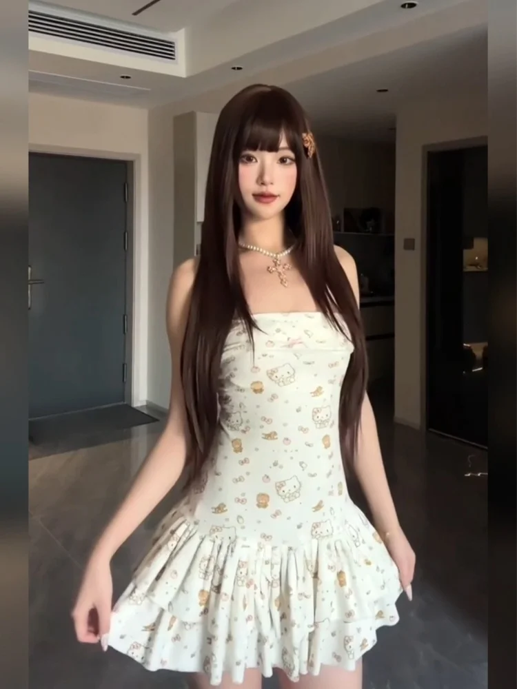 

XZY Pure Desire Sweet And Spicy Girl Print Strapless Puffy Skirt Dress Women's Korean Style A-Line Casual Short Dress