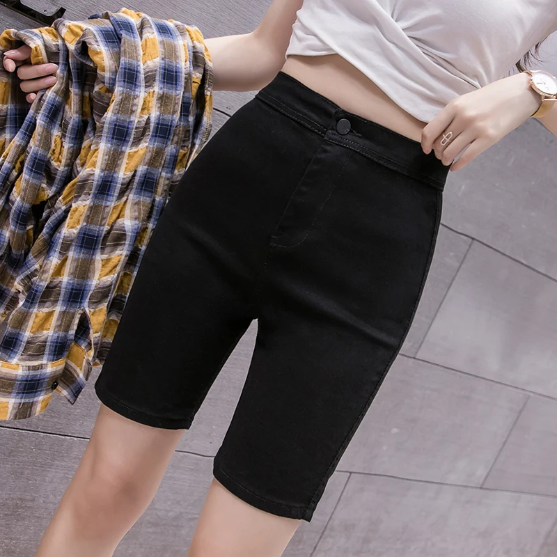 ارتفاع الخصر الأبيض الدنيم خمس نقاط السراويل النساء الصيف ضئيلة مستقيم ضيق ركوب واسعة الساق عارضة orts القطن تمتد النسيج