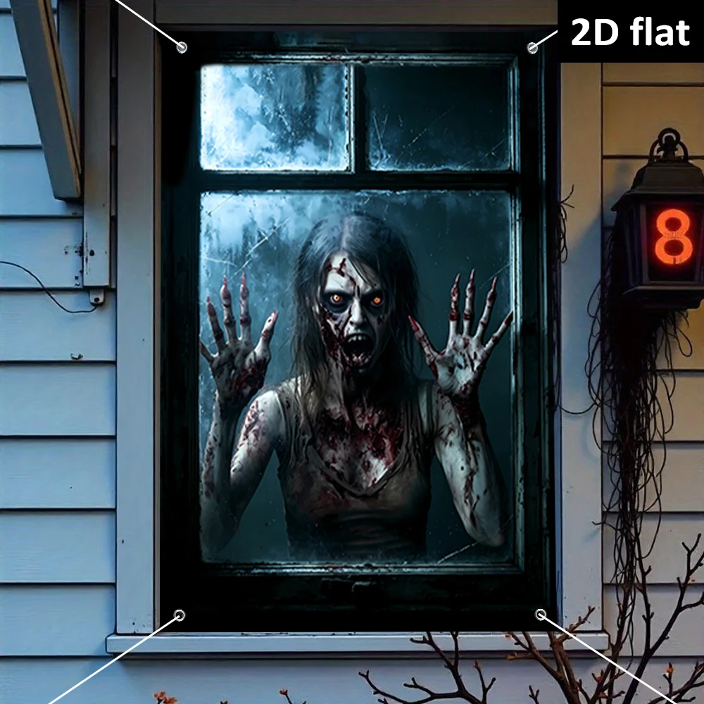 Halloween Zombie Fenster-Dekor Banner Gruseliger Weiblicher Geist Polyester Hintergrund Gruseliger Fenstervorhang für Spukhaus-Party-Dekoration