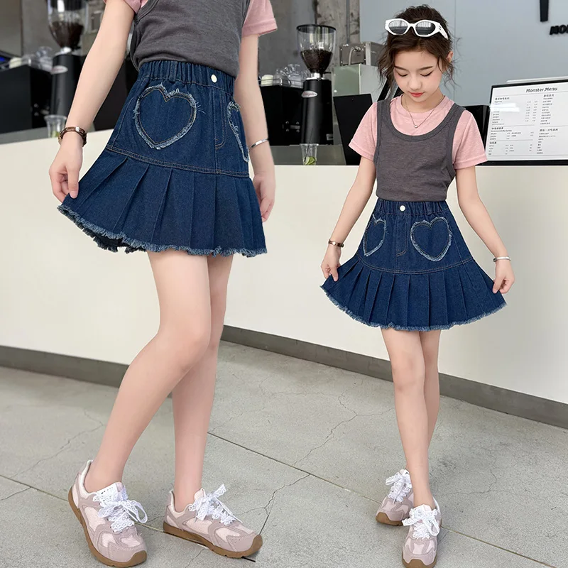 New Arrival Kids Girl Vintage Dark Blue Heart Pattern Pleated Denim Skirt with Raw Hem for Tweens Child Age 5 7 9 11 13 14 Years