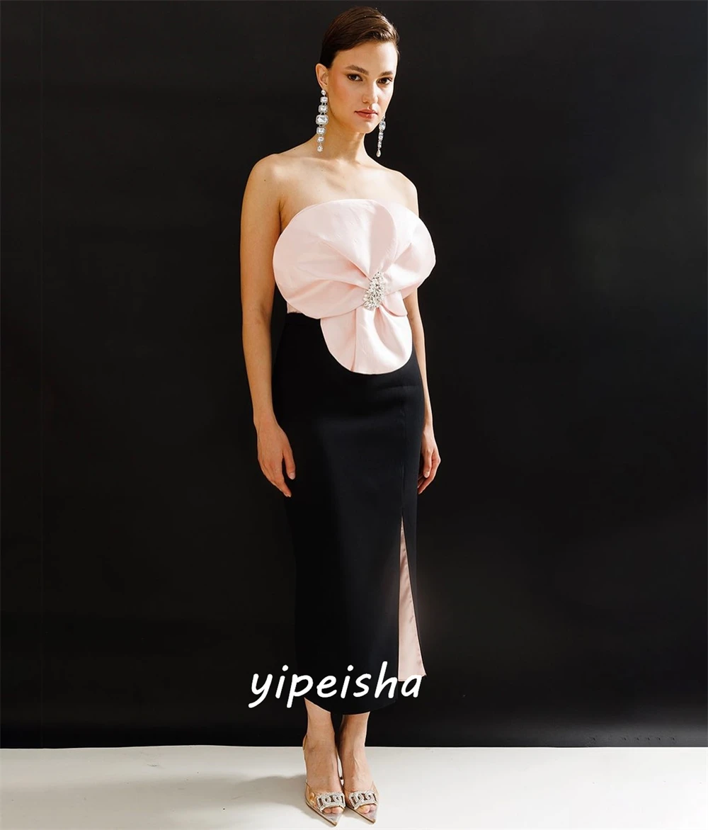 Customized  Sexy Casual   Jersey Rhinestone Beading Party A-line Strapless Bespoke Occasion Gown Midi Dresses