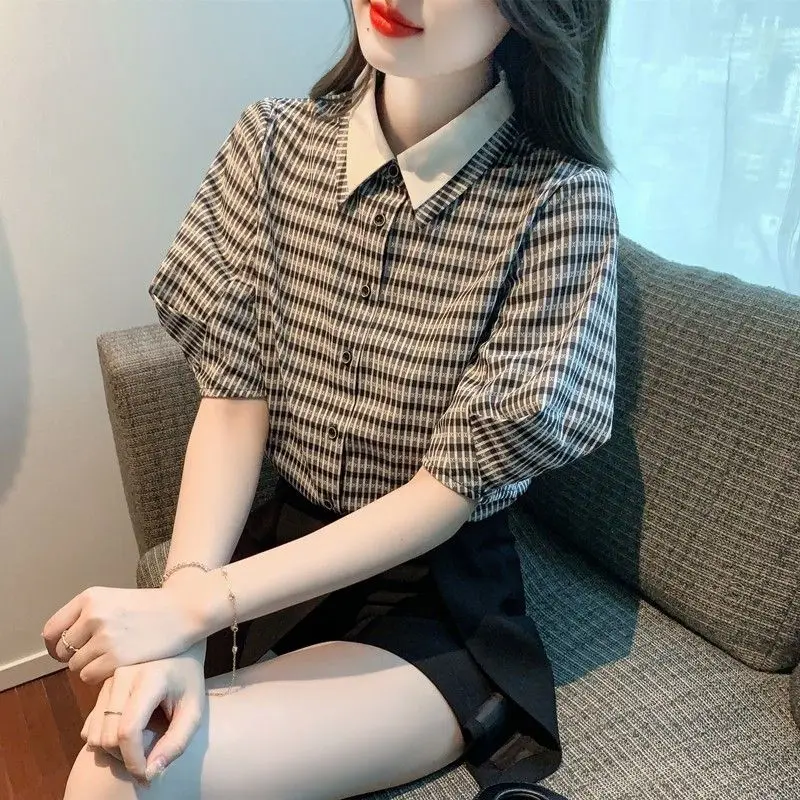 

Summer New Short Sleeves Checkered Shirt French Style Temperament Loose Sweet Chic Bubble Sleeve Tops Fashion Clothes for Women