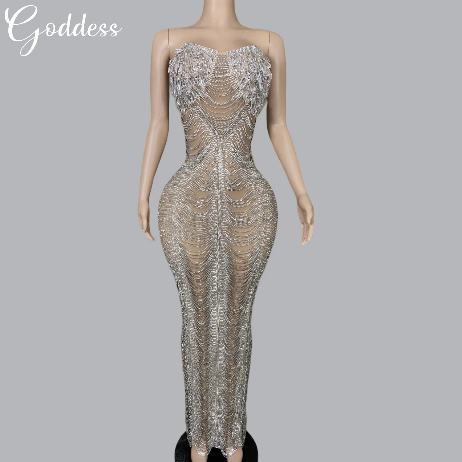 

Noble Women Strapless Ball Dress Sparkly Crystal Chains Bodycon Maxi Dress Celebrate Nightclub Party Birthday Skinny Long Dress