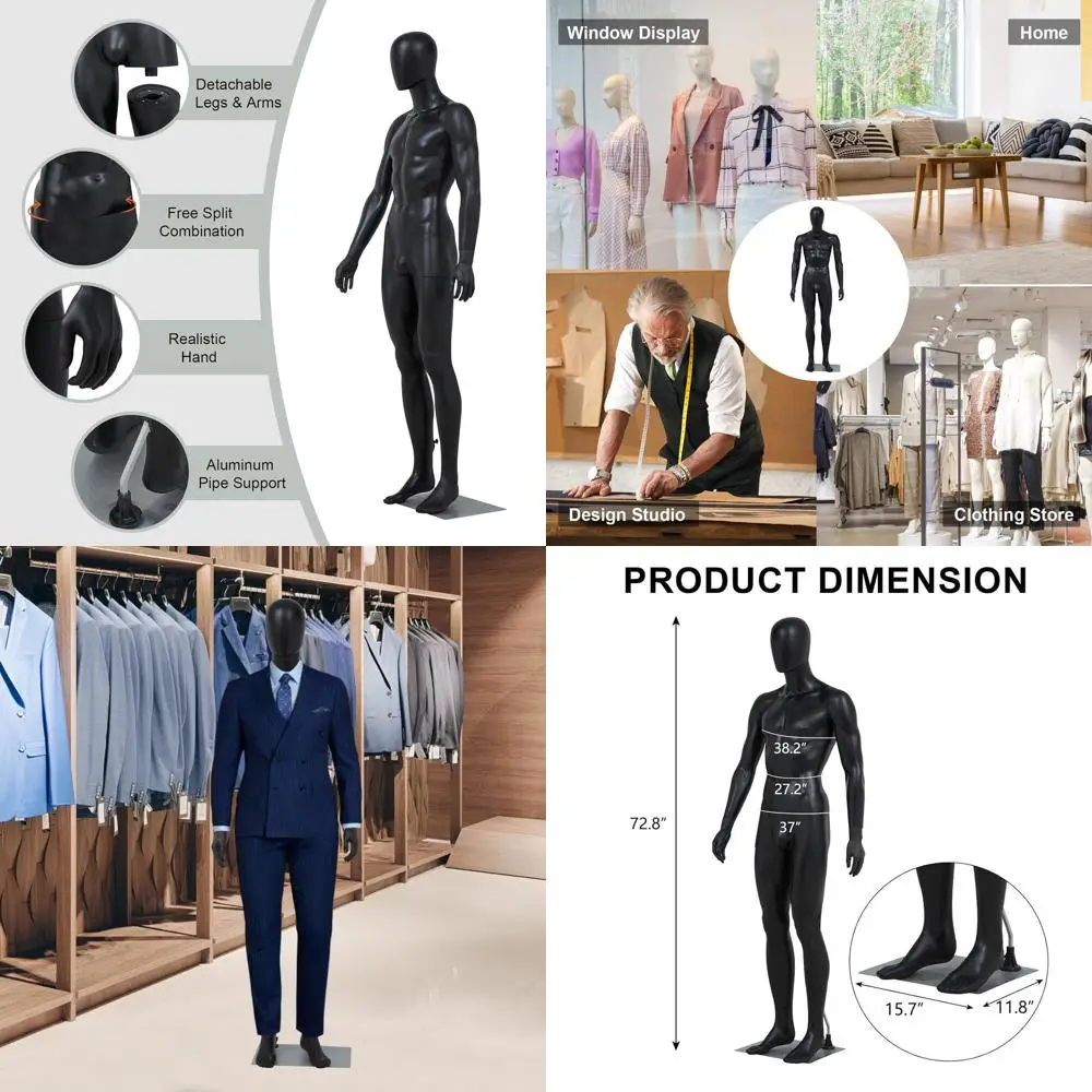 

72.8 Adjustable Male Mannequin with Metal Base for Retail, Office, Tailoring - Black