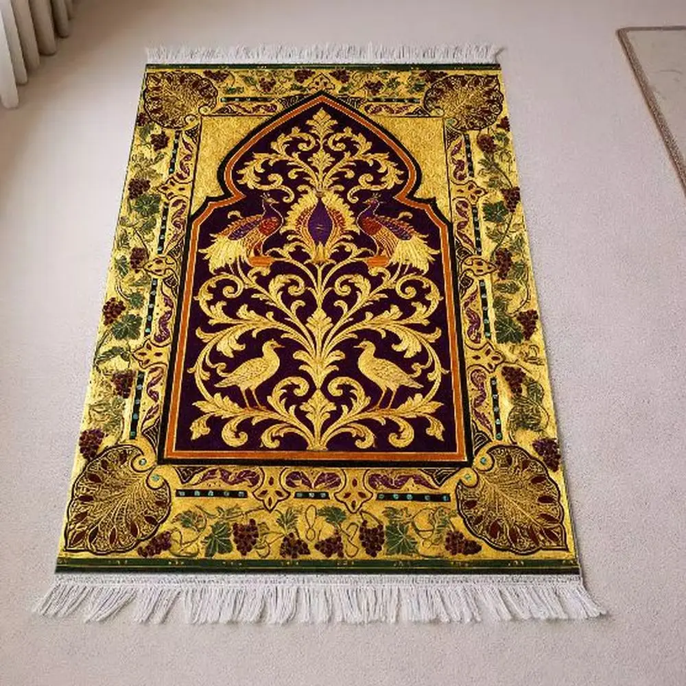 VIKAMA Traditional Islamic Prayer Rug Orange Bismillah Calligraphy Mat with Fringe