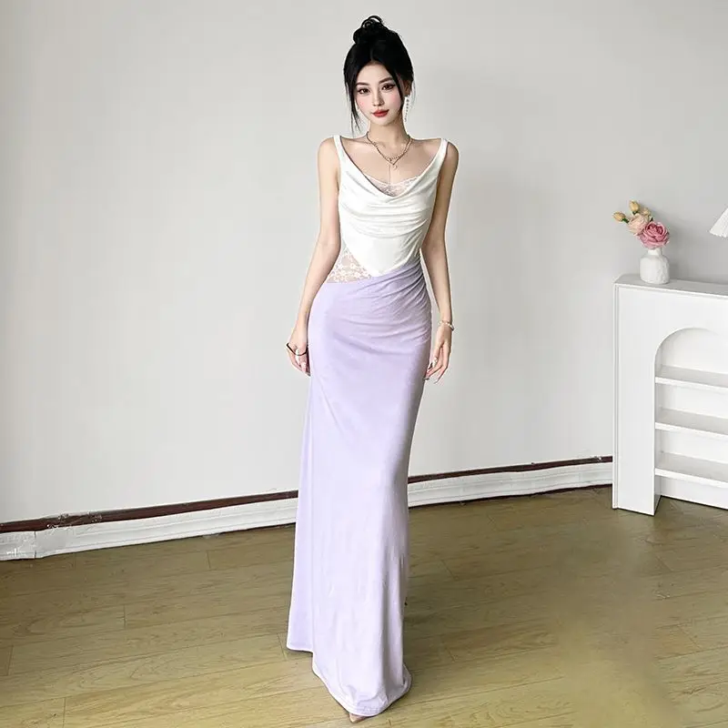 

French Style Lace Patchwork Waist-Exposing Dress With Swing Collar Slim Fit Bodycon Long Dress